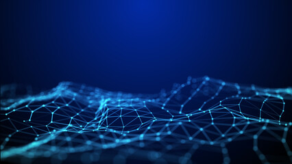 A wave of connecting lines and dots. Network connection. Abstract background of white dots and blue lines. 3d rendering.
