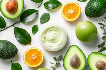 Natural moisturizing cream with avocado extract for skin care with fruits and leaves on white table. Horizontal composition. Top view.