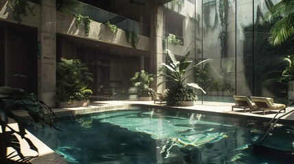 An architecturally stunning indoor-outdoor pool creating a serene oasis in the heart of the city.