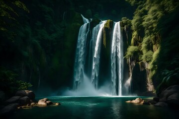 A wide-angle shot of a majestic waterfall, capturing its full grandeur as it plummets down a steep mountainside, surrounded by lush greenery