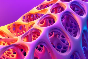 Zelfklevend Fotobehang Striking of an organic mesh-like structure featuring vibrant pink, purple, and orange hues against a smooth gradient backdrop. Pores of the mesh vary in size and depth, creating a surreal landscape. © Alex Shi