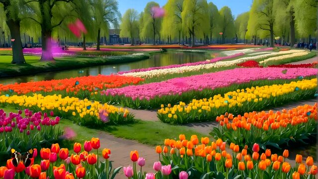 The colorful tulip festival takes place in a park with a landscape of mountains and green grass in the Netherlands
