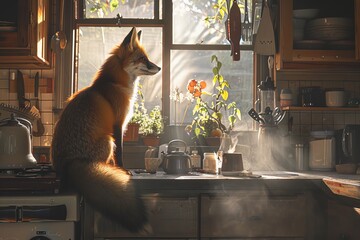 A fox perches on a kitchen counter, gazing out the window
