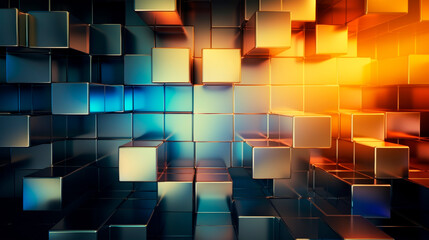 Cubes of varying sizes are placed strategically in a room, creating an abstract and geometric composition. The cubes cast shadows on the floor, adding depth to overall arrangement. Banner. Copy space - Powered by Adobe
