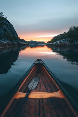 A paddleequipped canoe drifts on water at sunset, under a colorful sky