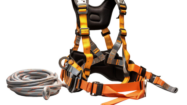 An orange and black safety harness secured by a white cord against a contrasting background