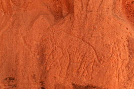 Rhino - prehistoric petroglyphs, rock art in Tadrart Rouge, Tadrart Akkak, Sahara, Algiers, horizontal view
