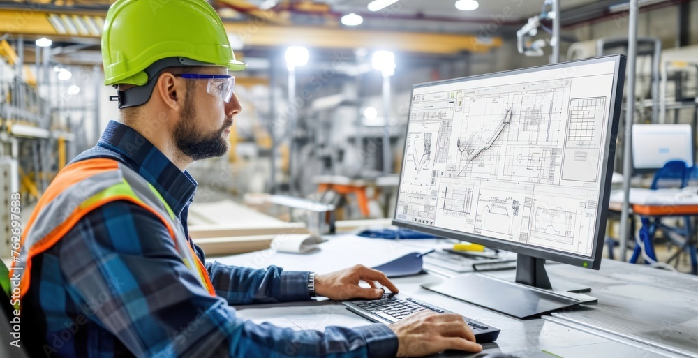 Poster engineer in hard hat working on computer generative ai