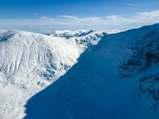 Aerial Winter view of Rila mountain near Musala peak, Bulgaria