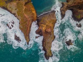 Sao Lourenco peninsula on Madeira from an aerial view.
Drone photos of Ponta de S&atilde;o Louren&ccedil;o with ocean waves and clouds.