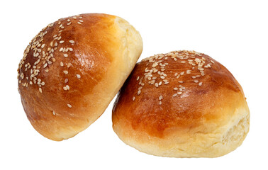 Sweet fragrant bun on a white background. Isolate buns with sesame seeds. homemade baking