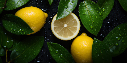  A top view of lemons and green leaves with water drops on a black background. Generative AI - Powered by Adobe