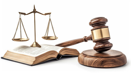 A gavel, scales of justice and book isolated on the white background