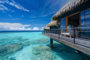 Crédence de cuisine en verre imprimé Bora Bora, Polynésie française A luxurious overwater bungalow with an abstract design, offering unobstructed views of the turquoise sea