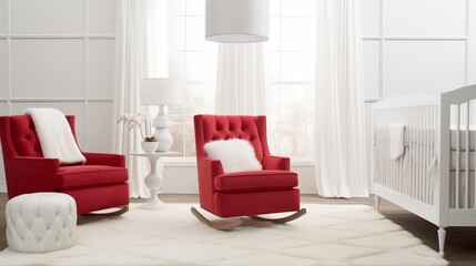 Nursery with pure white crib and ruby red channel tufted barrel swivel glider.