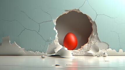  A hole in the wall with a red egg, a hole in the wall with a red egg - obrazy, fototapety, plakaty