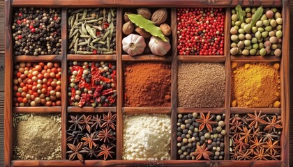 Vivid spice palette with assorted spices in artistic bowls and containers, vibrant presentation