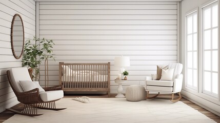 Nursery with white shiplap accent wall and distressed vintage iron baby crib. - obrazy, fototapety, plakaty
