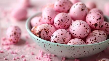  A pink-speckled egg bowl sits atop a pink cloth, adorned with sprinkles