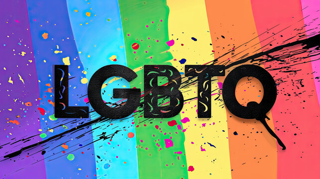 LGBTQ concept, the word LGBTQ written in black bold text on a colorful  rainbow background