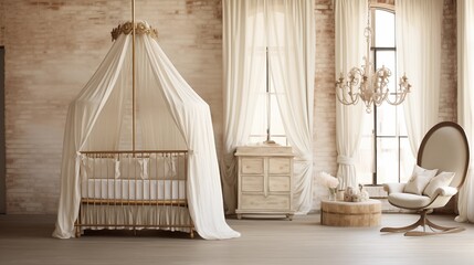 Nursery with whitewashed wood walls and antique gold iron canopy baby crib. - obrazy, fototapety, plakaty