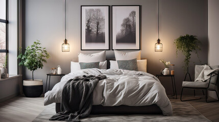A bedroom with a bed, a chair, a potted plant, and a vase. The bed is covered with a white comforter and a black blanket. The room has a modern and minimalist design, with a focus on simplicity