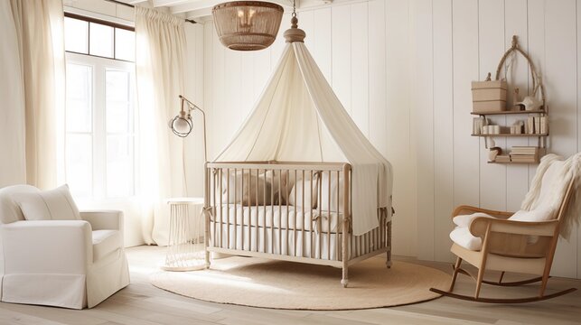 Nursery with whitewashed wood walls and antique bronze iron canopy crib.