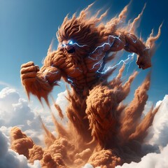 Ai generated illustration a human flying monster in the form of a giant angry desert dust sand of smoke and streaks of lightning on its body with clear background - obrazy, fototapety, plakaty