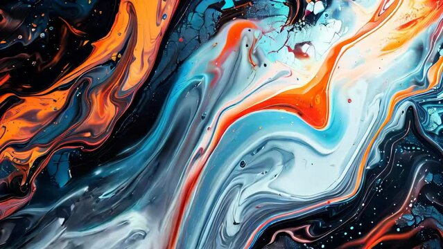 Abstract background of acrylic paint in blue, orange, yellow and black tones