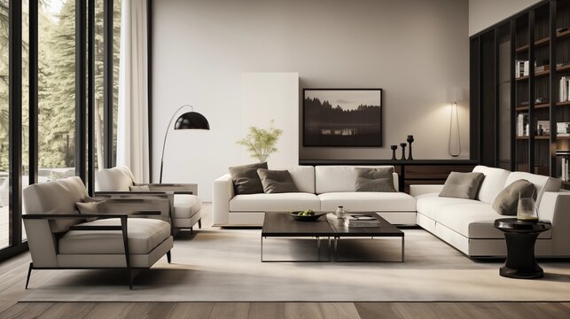 Open concept with linen sofas and powder coated steel media console in black.