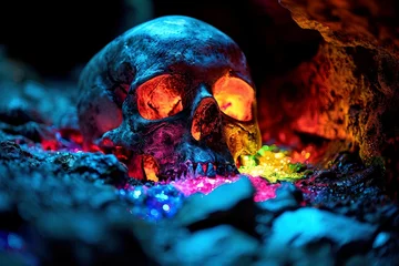 Gardinen Skull Artworks with vibrant shiny Colors and Flowers, Abstract Art © AIDigitalMediaAgency