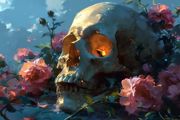 Fototapeten Skull Artworks with vibrant shiny Colors and Flowers, Abstract Art © AIDigitalMediaAgency