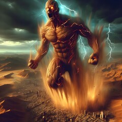 Ai generated illustration a human flying monster in the form of a giant angry desert dust sand of smoke and streaks of lightning on its body with desert city background