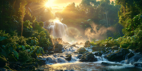 tropical rainforest river landscape with waterfall