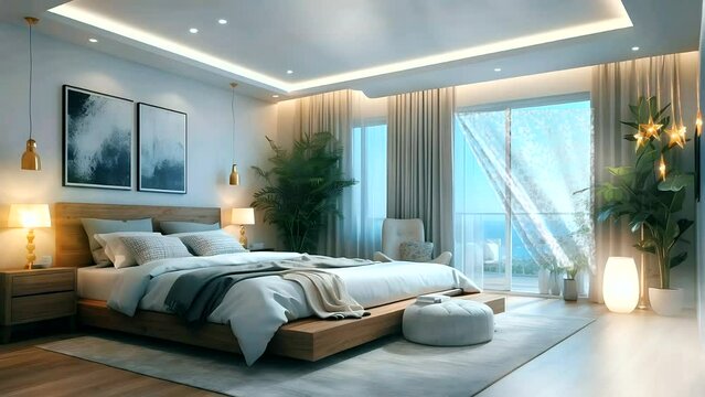 a bedroom with a beautiful natural feel, cool and comfortable, there are various decorations with bright and sparkling lights