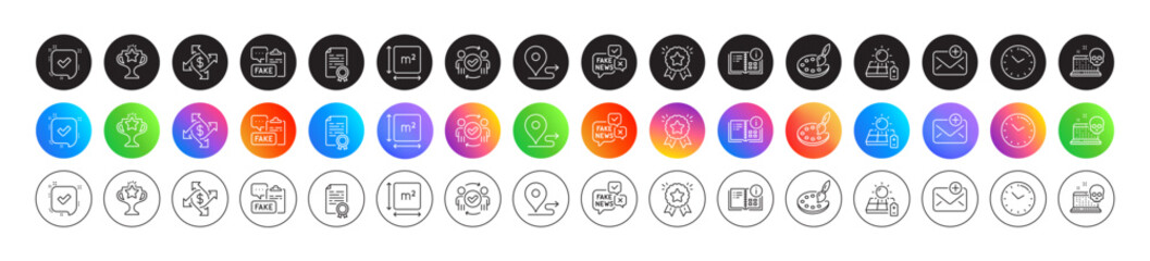 Fake news, Fake document and Confirmed line icons. Round icon gradient buttons. Pack of Palette, Approved teamwork, Square area icon. Cyber attack, Instruction info, Ranking star pictogram. Vector - obrazy, fototapety, plakaty