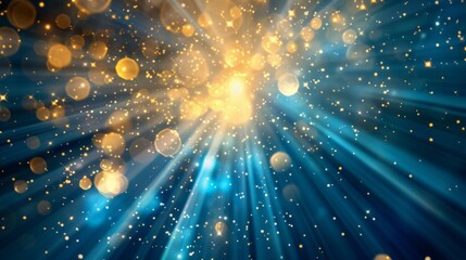Asymmetric blue light burst, abstract beautiful rays of lights on dark blue background with the color of blue and yellow, golden yellow sparkling backdrop with copy space.