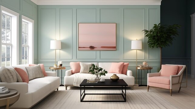 Pale blush walls with a dark teal accent wall and white shiplap ceiling.