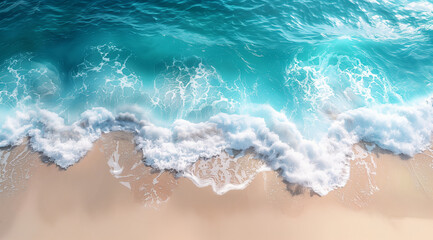Aerial view of ocean waves crashing on sandy beach. Nature seascape background. Concept for travel, summer, and tropical design.
