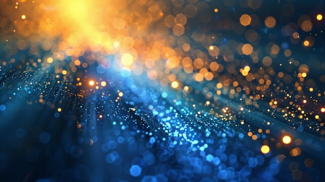 Asymmetric blue light burst, abstract beautiful rays of lights on dark blue background with the color of blue and yellow, golden yellow sparkling backdrop with copy space.