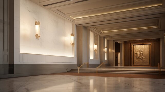 Performing arts lobby with light stone and aged bronze metalwork detailing.