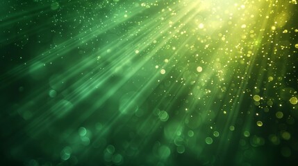 Asymmetric green light burst, abstract beautiful rays of lights on dark green background with the...