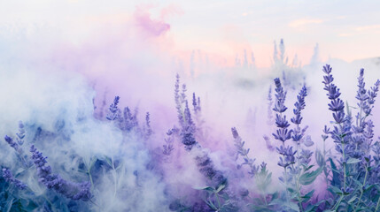 A field filled with vibrant purple flowers releasing smoke into the air. Banner. Copy space