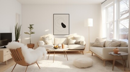 Scandinavian-style living room with light walls, sheepskin rug, and mid-century modern furniture pieces.