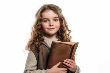 Little girl holding a book isolated on copy space white background