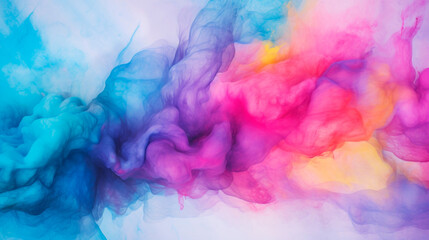 A vibrant mix of colors swirls together in a cloud of smoke floating in the air, creating a visually striking and dynamic scene. Smoke and vapor particles. Background for the party. Banner. Copy space