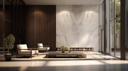 Sleek residential lobby with white stone and graphite gray paneling. - obrazy, fototapety, plakaty