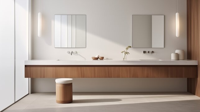 Sleek minimalist bathroom with floating double vanity, large format tiles, and warm wood stool.