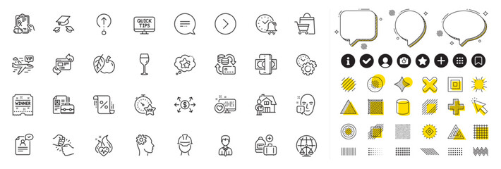 Set of Forward, Add handbag and Wine glass line icons for web app. Design elements, Social media icons. Resume document, Delivery man, Money change icons. Vector