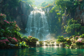 tropical rainforest river landscape with waterfall